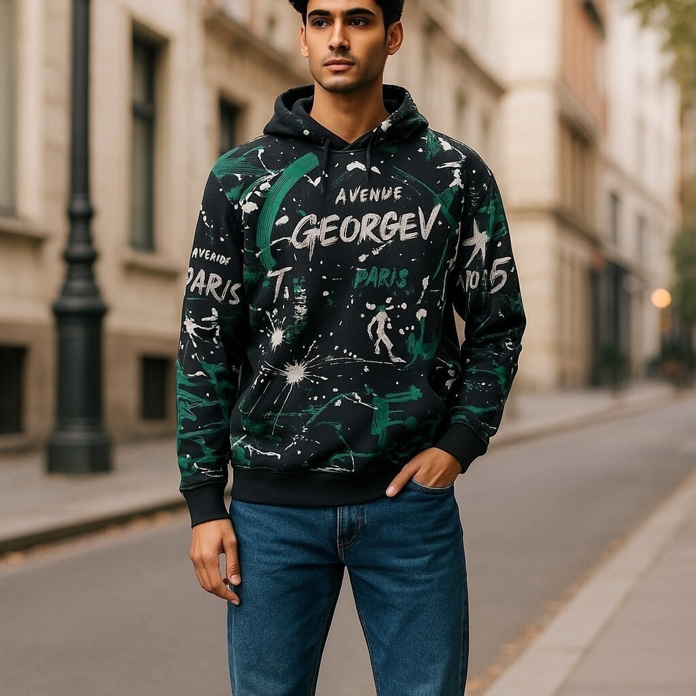 George V Paris Hoodie GV-2419 Men's Large Green Black Splatter Pullover Sweater
